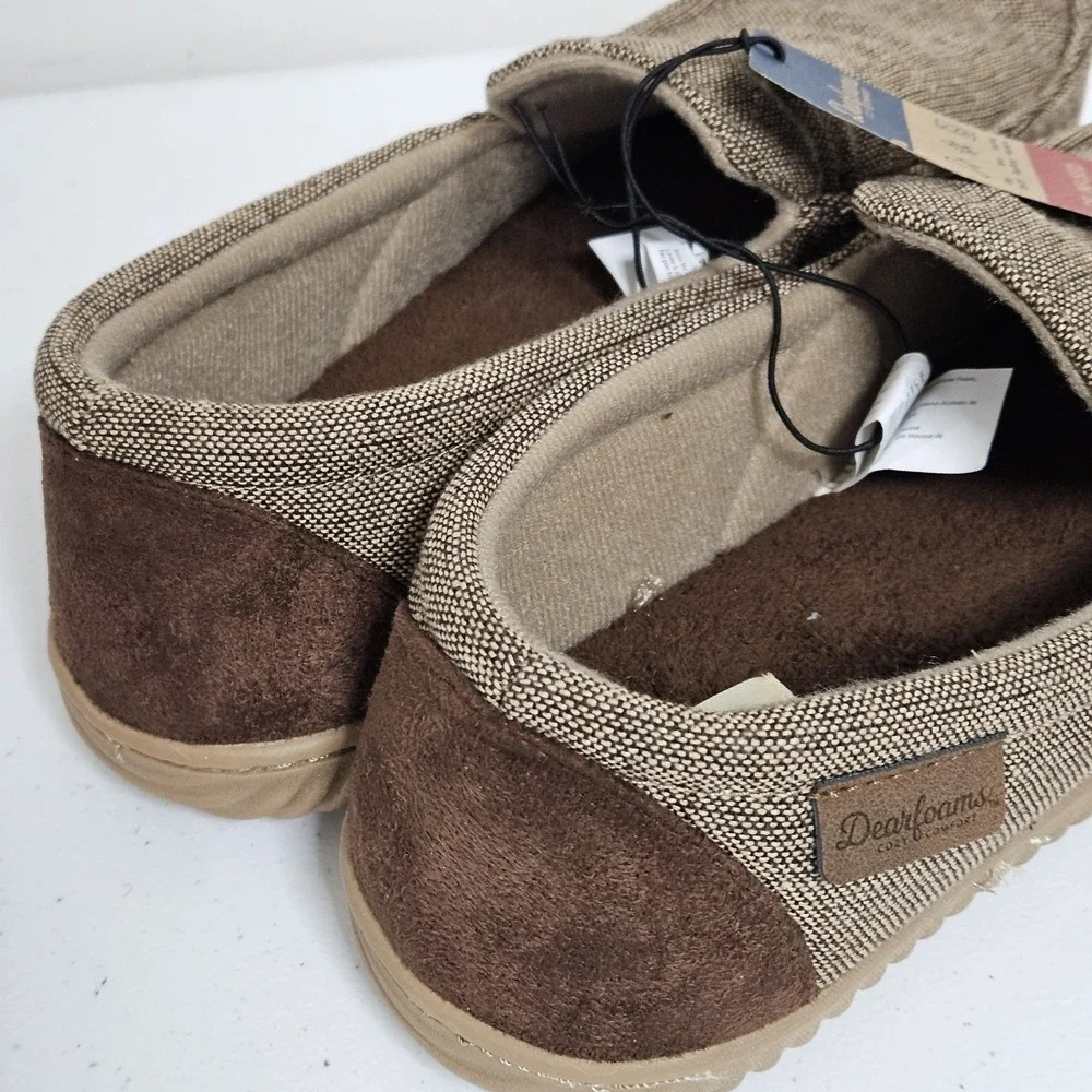 Dearfoams Slippers Mens Small 7-8 Brown Moccasin Gel Memory Foam Cozy Comfort